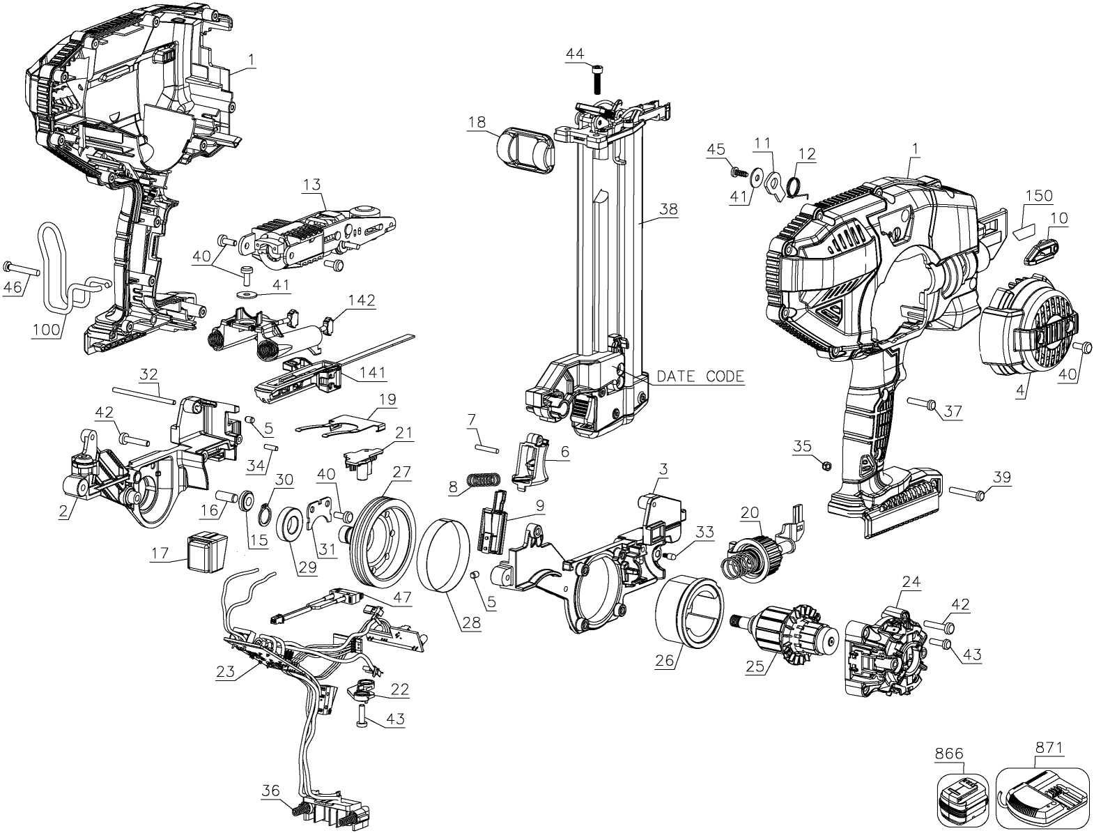 Default Diagram and Parts List for Type 1 Porter Cable Nailer
